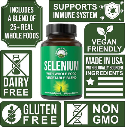 Selenium Supplement with Whole Food Blend of 25+ Vegetables and Fruits for Max Absorption. Pure Selenium Vegan Capsules for Immune System, Thyroid Support, Heart Health, Prostate Support. 30 Pills