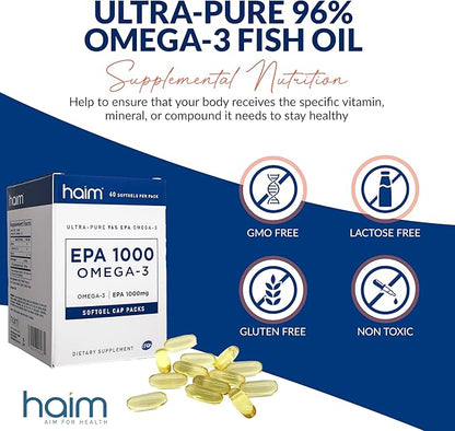 Haim EPA1000 – High-Potency EPA Fish Oil Supplement – 1,100mg Omega-3 for Heart, Brain & Joint Health – Pharmaceutical-Grade Softgels – Pure, Burpless Capsules – 60 Softgels – Made in USA