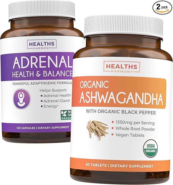 Adrenal & Ashwagandha (1-Month Supply) Calm & Energize Bundle - Adrenal Support with L-Tyrosine (120 Capsules) & USDA Organic Ashwagandha 1350mg Ashwagandha Root Powder per Serve (60 Capsules)
