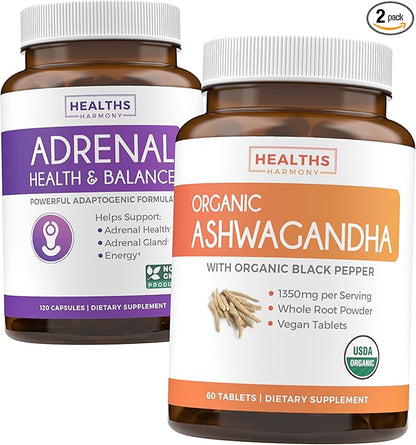 Adrenal & Ashwagandha (1-Month Supply) Calm & Energize Bundle - Adrenal Support with L-Tyrosine (120 Capsules) & USDA Organic Ashwagandha 1350mg Ashwagandha Root Powder per Serve (60 Capsules)
