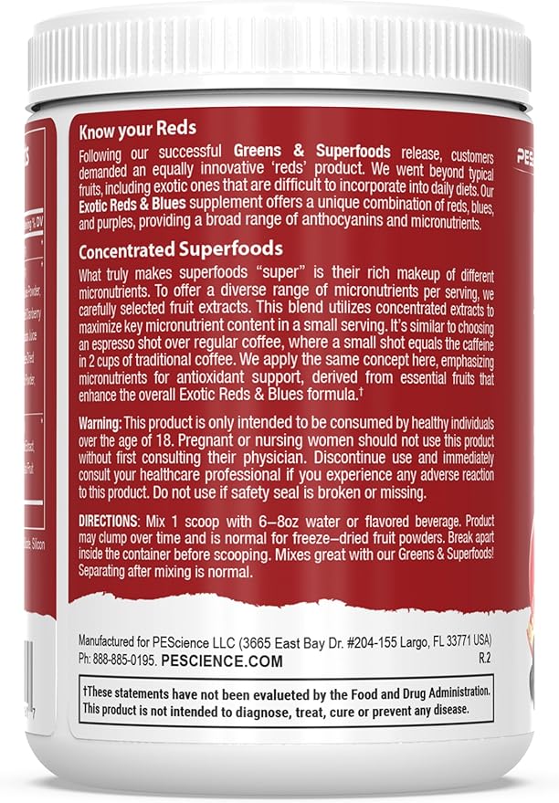 PEScience Reds & Blues Superfoods Powder, 30 Servings, Myo-Inositol Supplement, Beet Root Powder, Pomegranate and Acai Extract, Freeze-Dried Antioxidant Fruit Blend