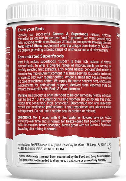 PEScience Reds & Blues Superfoods Powder, 30 Servings, Myo-Inositol Supplement, Beet Root Powder, Pomegranate and Acai Extract, Freeze-Dried Antioxidant Fruit Blend