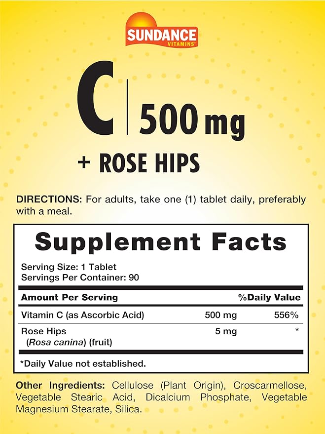 Sundance Vitamin C with Rose HIPS | 500mg | 90 Vegetarian Tablets | Essential Vitamin | Vegetarian, Non-GMO, and Gluten Free Supplement