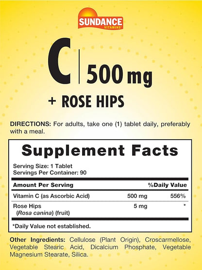 Sundance Vitamin C with Rose HIPS | 500mg | 90 Vegetarian Tablets | Essential Vitamin | Vegetarian, Non-GMO, and Gluten Free Supplement