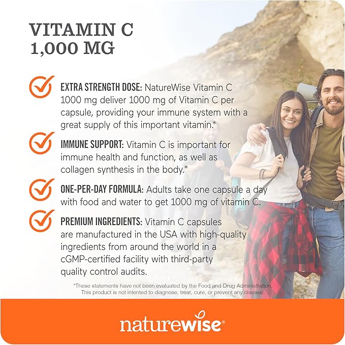 NatureWise Vitamin C 1000mg Capsules - Extra Strength Dietary Supplement for Daily Immune Support & Collagen Synthesis - Vegan, Non-GMO, Gluten Free - 60 Count[2-Month Supply]