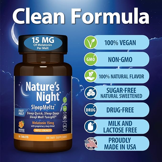 Nature's Night Triple Strength Quick Dissolve Melatonin 15mg with Supportive Blend | Natural Orange Flavor | 90 Count | Sugar Free, Vegan, Non-GMO, Drug Free