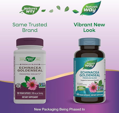 Nature's Way Echinacea Goldenseal, Premium Blend, Supports Immune Health*, 900 mg per 2-Capsule Serving, Non-GMO Project Verified, Vegan, 180 Capsules (Packaging May Vary)