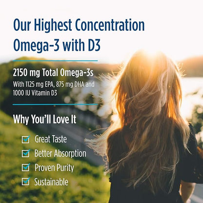 Nordic Naturals ProOmega 2000-D, Lemon Flavor - 90 Soft Gels - 2150 mg Omega-3 + 1000 IU D3 - Ultra High-Potency Fish Oil - EPA & DHA - Brain, Heart, & Immune Health - Non-GMO - 45 Servings