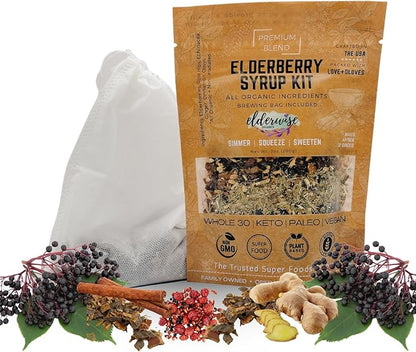 Elderberry Syrup Kits 2X - Each Makes Approx. 32oz - Includes Brewing Bags - Organic Ingredients - Elderberries - Rosehips - Ginger - Echinacea - Cinnamon - Cloves - Elderwise Organics