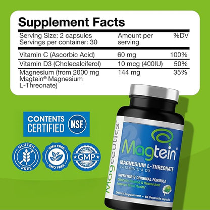 Magnesium L-Threonate Supplement, Memory, Focus, Sleep & Brain Health Formula for Men & Women, Cognitive Support for Adults, Clinically Researched - 60 Veg Capsules