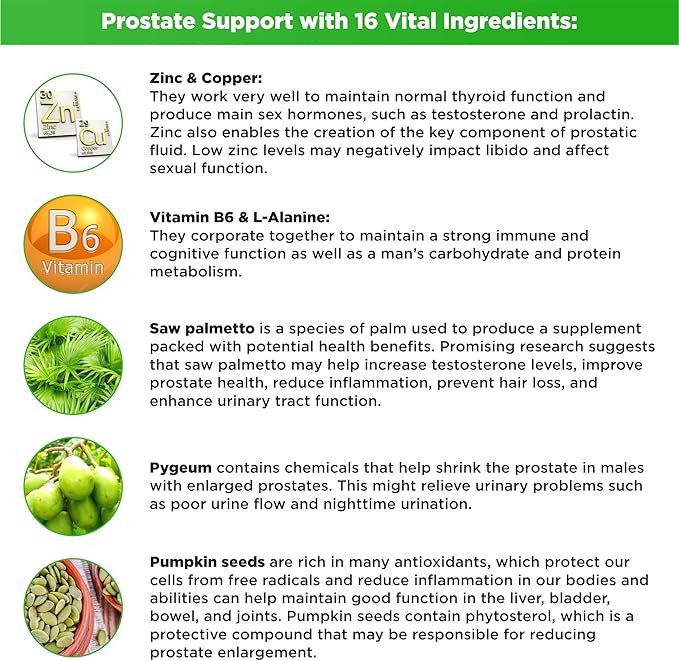 Prostate Support Supplement for Men with Saw Palmetto, Pygeum Bark, Pumpkin Seed and Zinc, Urinary Tract Health and Hair Growth, DHT Blocker and Bladder Control, 120 Capsules