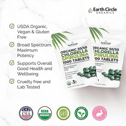 Premium Organic CHLORELLA /SPIRULINA 1000 Tablets (50/50) Kosher, Vegan - Green Algae Superfood, Cracked Cell Wall, Chlorophyll, High in Protein & Iron, no additives, or fillers 8.75 Oz (2 Pack)