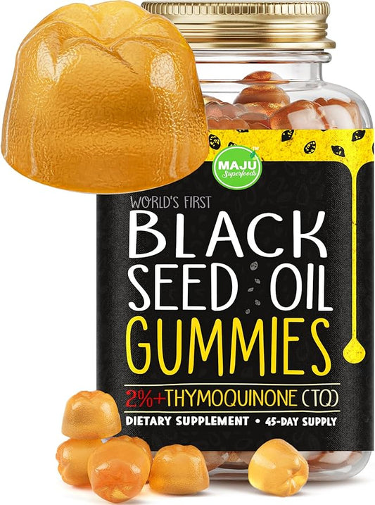 MAJU's Black Seed Oil Gummies 90ct, World's 1st, 2.5X Per BSO Gummy, Black Cumin Seed Nigella Sativa Oil, Cold-Pressed, Potent Formula with Cinnamon Extract, Tasty, 500mg 90ct