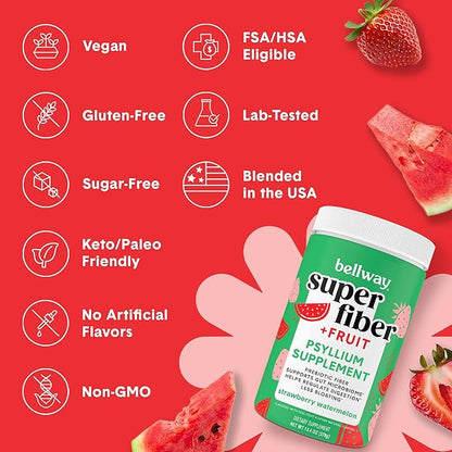 Bellway Super Fiber Powder + Fruit, Sugar Free Organic Psyllium Husk Powder Fiber Supplement for Regularity, Bloating Relief & Gut Health, Non-GMO, Plant-Based, Strawberry Watermelon (50 Servings)