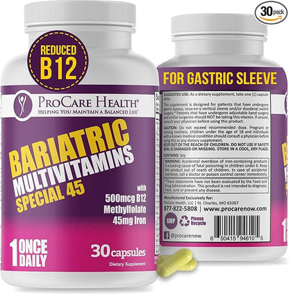 ProCare Health Bariatric Multivitamin with Iron (30 Capsule) 45mg Iron with Reduced B12 - Post-Op Bariatric Vitamins for Gastric Bypass Sleeve Patients, Sustains Recovery & Energy (1 Month Supply)