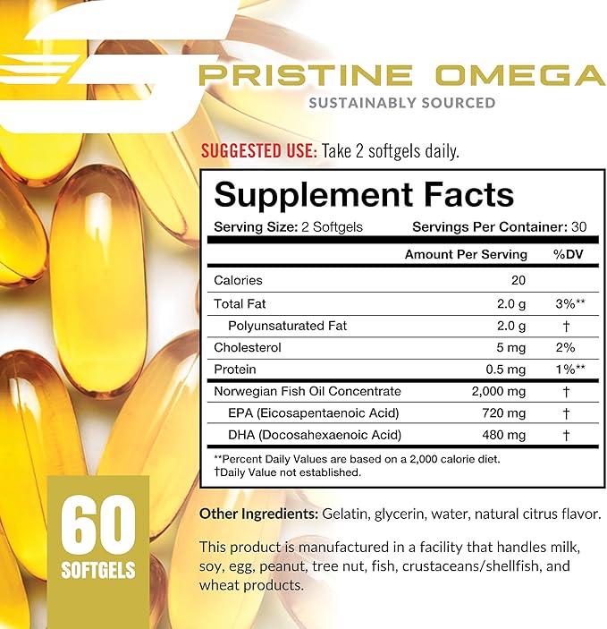 Granite Pristine Omega-3 Supplement, 2000mg Norwegian Fish Oil Supplements with EPA & DHA, Supports Joint, Heart, Brain, & Mood, Sustainably Sourced, Purity Tested (60 Softgels)