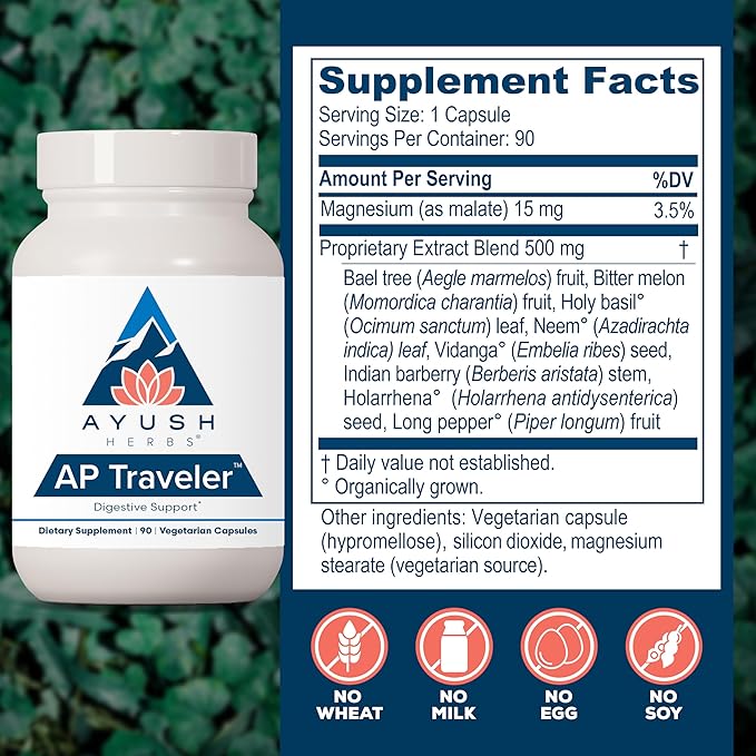 Ayush Herbs AP Traveler Digestive Support - Holy Basil & Neem Supplement for Women & Men, Source of Antioxidants, Helps Digestion, Made with Organic Ingredients - 90 Vegetarian Capsules (1 Count)
