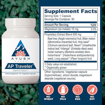 Ayush Herbs AP Traveler Digestive Support - Holy Basil & Neem Supplement for Women & Men, Source of Antioxidants, Helps Digestion, Made with Organic Ingredients - 90 Vegetarian Capsules (1 Count)