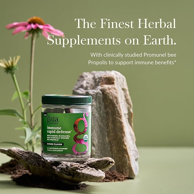 Gaia Herbs Organic Immune Rapid Defense Gummies - Supports Immunity - with Propolis, Ginger, and Echinacea - 60 Vegan Gummies (30-Day Supply)
