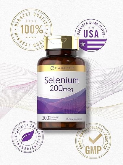 Carlyle Yeast Free Selenium Supplement | 200mcg | 200 Capsules | Vegetarian, Non-GMO, and Gluten Free Mineral Formula | L-Selenomethionine | Value Size