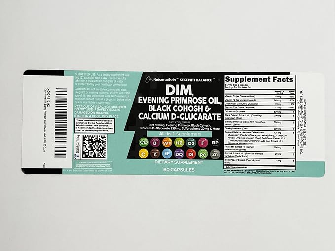 Clean Nutraceuticals DIM Evening Primrose Black Cohosh Calcium D-Glucarate Sulforaphane Flax Seed Extract - Hormonal Support Vitamins for Women with Dong Quai - 60 Caps
