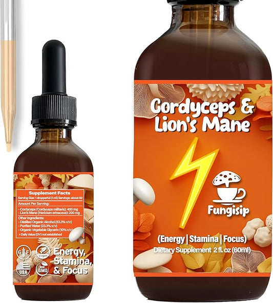 Cordyceps & Lion’s Mane Tincture – Organic Energy & Focus Support – Ultra-Potent Alcohol-Based Liquid Extract – 2 oz