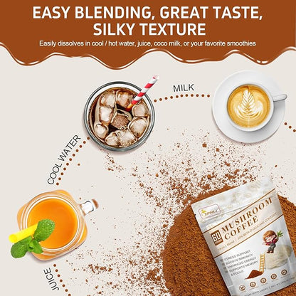 Mushroom Coffee Powder Organic (60 Servings) Instant Coffee Natural Ingredients - Lion's Mane, Cordyceps, Reishi, Chaga Mushrooms Powder Supplement Better Focus and Immunity, Gut Digestion