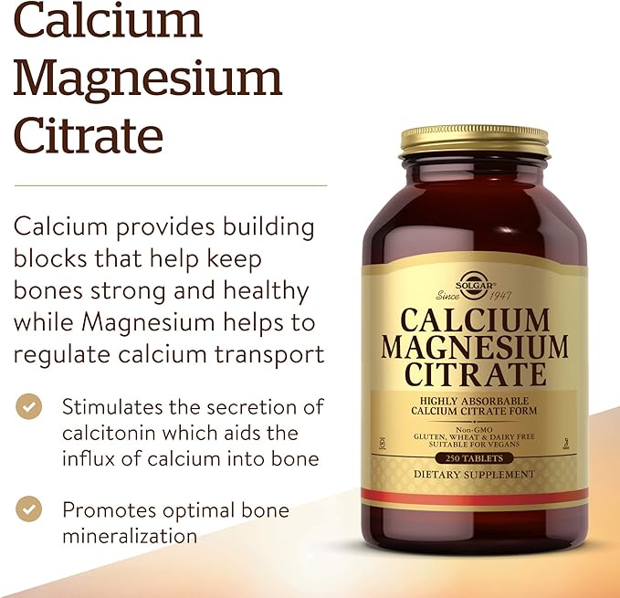 Solgar Calcium Magnesium Citrate, 250 Tablets - Supports Healthy Bones & Teeth - Musculoskeletal & Nervous System Support - Highly Absorbable - Non-GMO, Vegan, Gluten-Free, Dairy Free - 50 Servings
