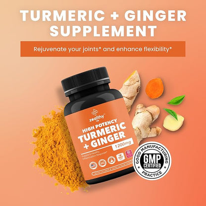 Turmeric + Ginger Capsules 1200mg | Joint Comfort, Inflammation Support & Digestive Health* | 180 Count | Zealthy Life High Potency Turmeric Ginger Supplement | 1200mg