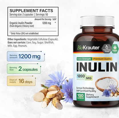 BIO KRAUTER Inulin Powder Capsules - 1200 mg Strength - 100 Count - Pure Soluble Fiber Supplements - Chicory Root Fiber Capsules for Digestive Support - Vegan