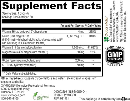 XYMOGEN Mood Food - Nervous System, Relaxation & Mood Support Supplement - Folate, B12, B6 with Magnesium, 5-HTP & GABA Supplement - Vegan & Non-GMO (60 Capsules)