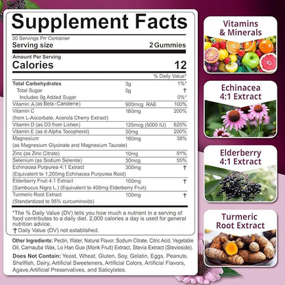 10-In-1 Immune Gummies with Multivitamins, 100% Daily Zinc, Vitamin C & D3 Immunity Supplement + Echinacea, Sambucus Elderberry, Turmeric, Magnesium, Immune Support, Overall Health, Sugar Free, 2 Pack