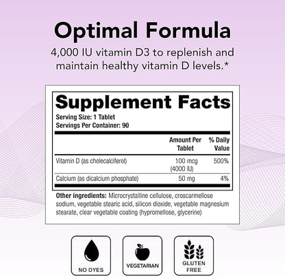Theralogix Thera-D 4000 Vitamin D Supplement - 4,000 IU (100 mcg) Vitamin D3 Tablets - 90-Day Supply - Immune Support Supplement for Women & Men - Aids Bone & Heart Health - NSF Certified - 90 Tablets