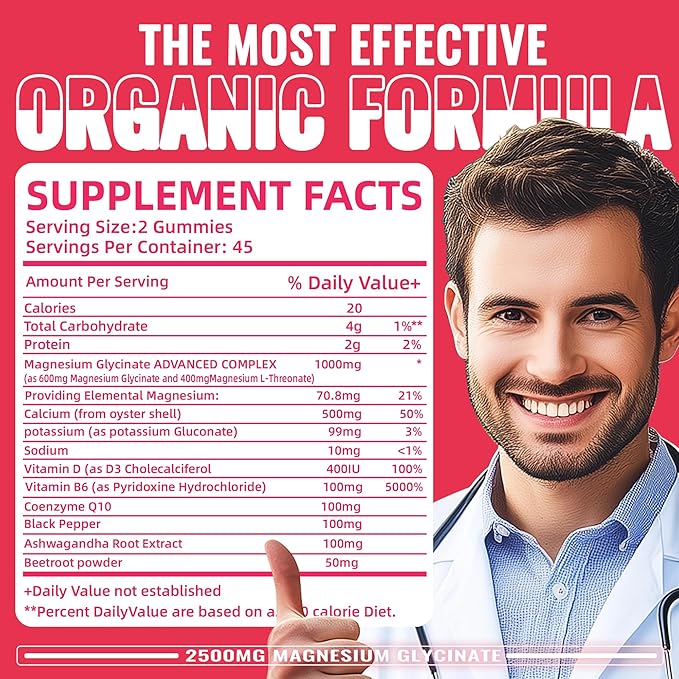 Magnesium Glycinate Gummies 2500mg - Sugar Free Magnesium Potassium Supplement with Vitamin D, B6, CoQ10 for Calm Mood & Sleep Support - 90 Peach Gummies