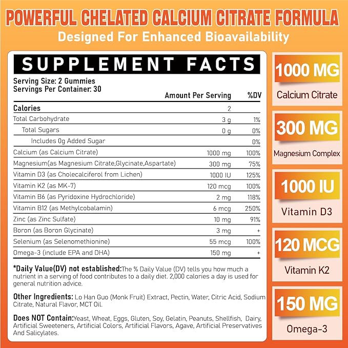 Calcium Citrate 1000 mg Supplement Gummies - Chelated Calcium Gummies Plus Vitamin D3, K2, B6, B12, Magnesium, Zinc, Boron, Selenium & Omega-3 - Support B0ne Muscle Immune for Adults 60 Count