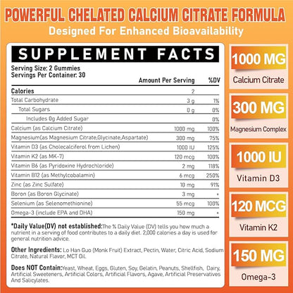 Calcium Citrate 1000 mg Supplement Gummies - Chelated Calcium Gummies Plus Vitamin D3, K2, B6, B12, Magnesium, Zinc, Boron, Selenium & Omega-3 - Support B0ne Muscle Immune for Adults 60 Count