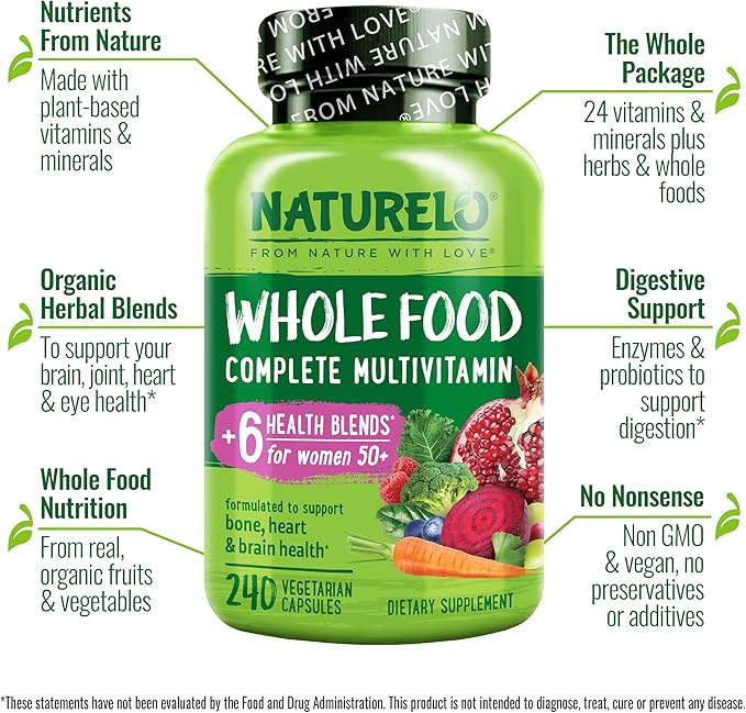 NATURELO Whole Food Multivitamin for Women 50+ (Iron Free) with Vitamins, Minerals, & Organic Extracts - Supplement for Post Menopausal Women Over 50 - No GMO - 240 Vegan Capsules