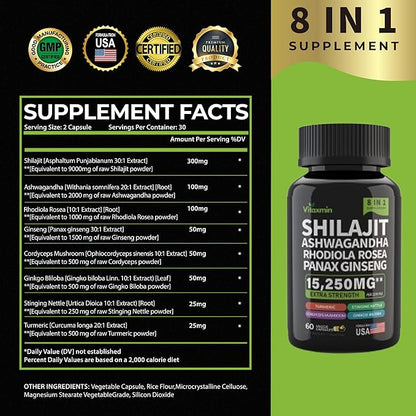 Shilajit and Ashwagandha Capsules, 8-in-1 Herbal Multivitamin for Men and Women, with Rhodiola Rosea, Ginseng, and Stinging Nettle, Shilajit for Men and Women