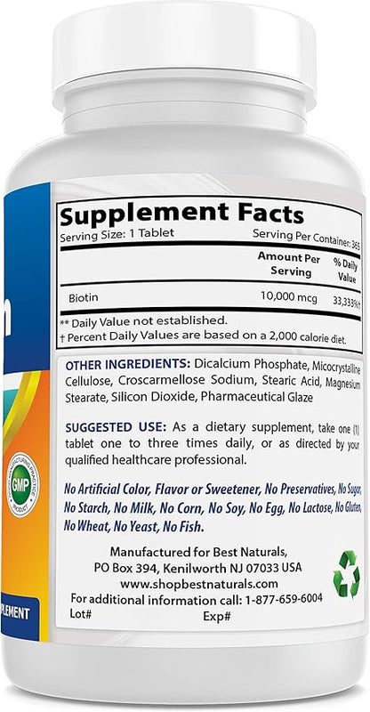 Best Naturals Biotin (Also Called Vitamin B7), 10,000 mcg 365 Tablets (365 Count (Pack of 1))