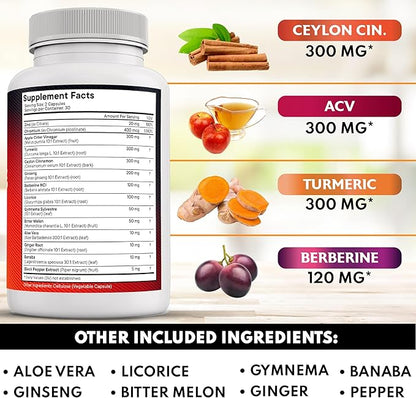 Ceylon Cinnamon, Turmeric, Apple Cider Vinegar, Ginseng, Aloe Vera, Berberine Plus Banaba, Ginger Root - 60 Count