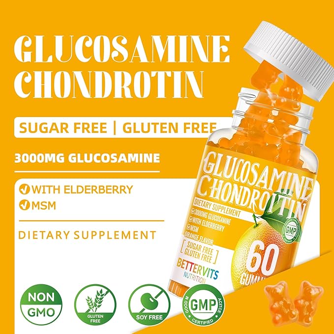 Glucosamine Chondroitin Gummies with MSM & Elderberry Extra Strength - Joint Support, Antioxidant Immune Support Supplement for Adults, Men & Women.60 Orange Gummies