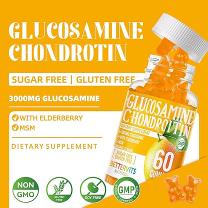 Glucosamine Chondroitin Gummies with MSM & Elderberry Extra Strength - Joint Support, Antioxidant Immune Support Supplement for Adults, Men & Women.60 Orange Gummies