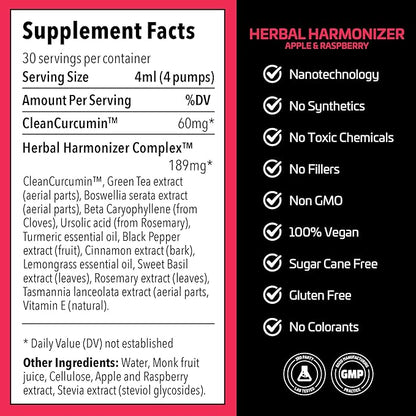Herbal Harmonizer with CleanCurcumin(TM) - Multi Botanical Antioxidants Supplement - Water Soluble - Nano Curcumin - Holistic Wellness Defender - Healthy Drink Mix (4 fl.oz, Apple and Raspberry)