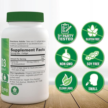 Health Thru Nutrition Vitamin D3 5,000iu 360 Mini Softgels for Maximum Benefit Year Supply | 125mcg Cholecalciferol | 3rd Party Tested | Non-GMO USP Grade in Organic EVOO | Immune Health Support