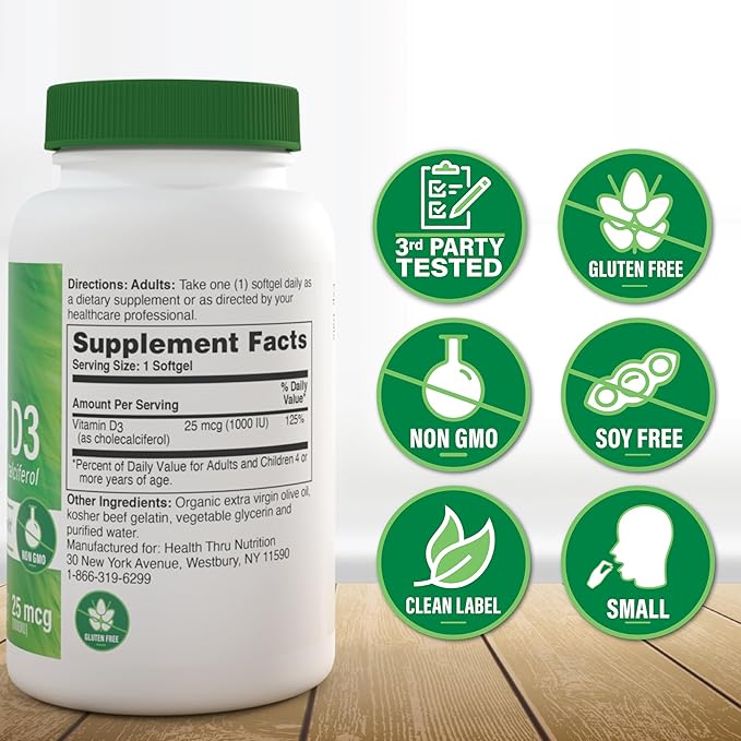 Health Thru Nutrition Vitamin D3 5,000iu 100 Mini Softgels for Maximum Benefit | 125mcg Cholecalciferol | 3rd Party Tested | Non-GMO USP Grade in Organic EVOO | Immune Health Support