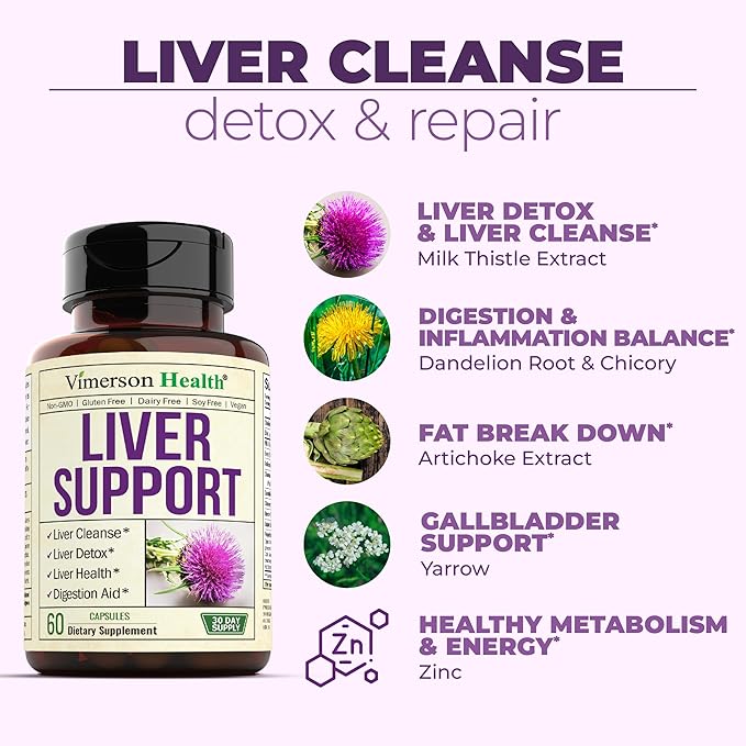 Liver Cleanse Detox & Repair Milk Thistle Supplement - Herbal Liver Support - Choline, Artichoke Extract & Chicory. Dandelion Root Supplement to Support Digestion & Promote Cellular Repair. 60 Caps
