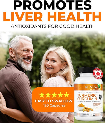 Renew Actives Turmeric Curcumin with Black Pepper – 600MG Turmeric Root, 100MG Curcuminoids per 2 Capsules – Supports Digestion, Liver Health, Joint Relief & Mobility – Made in Canada – 120 Capsules