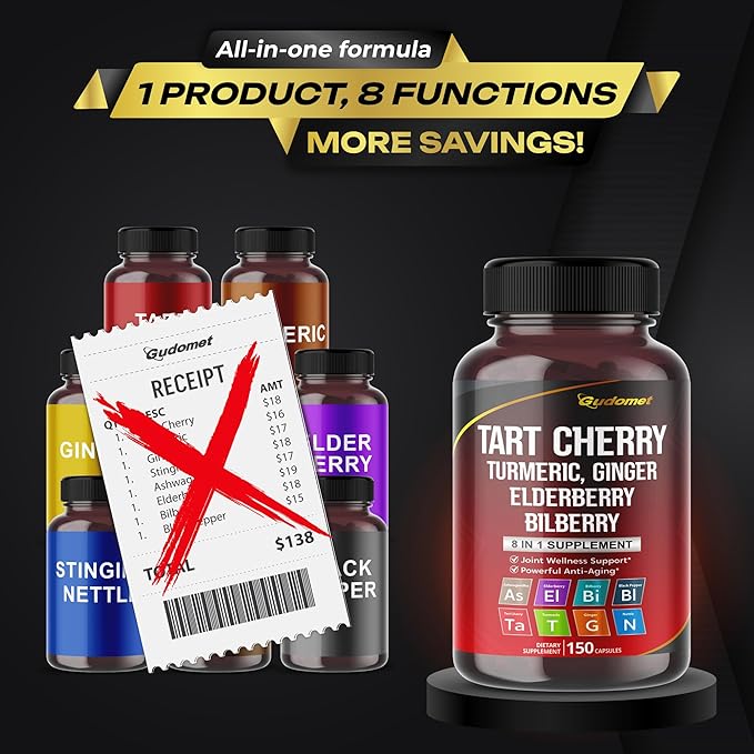 Tart Cherry Turmeric Ginger Stinging Ashwagandha Elderberry Bilberry Black Pepper -150 Capsules- Made in USA