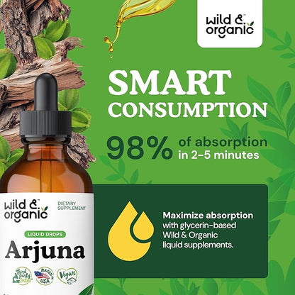 Wild & Organic Arjuna Bark Tincture - Overall Well-Being Supplement - Alcohol-Free Liquid Drops - Terminalia Arjuna Bark Extract - No Sugar & Additives, Non-GMO - 4 fl oz