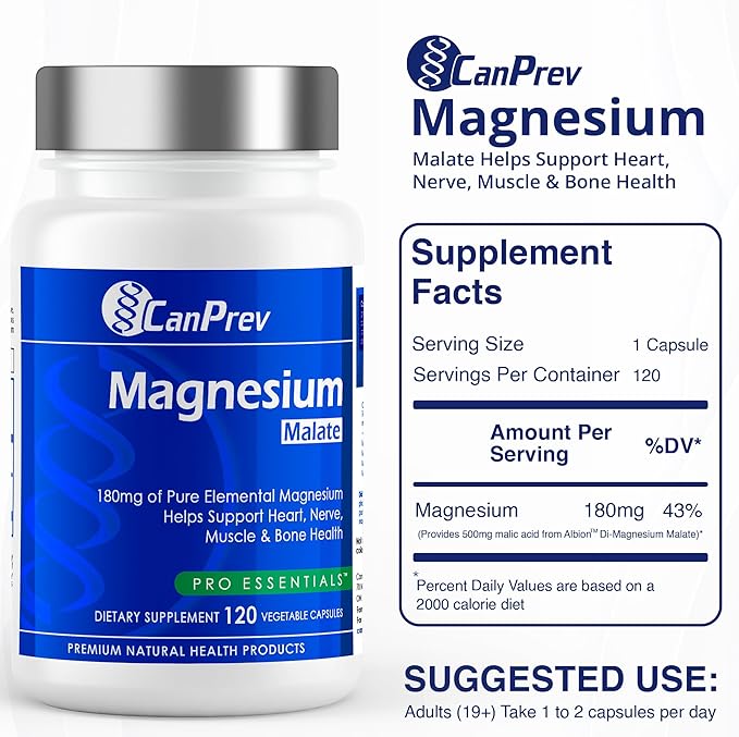 CanPrev Magnesium Malate, 120 Veg Caps, 120-Day Supply, 180mg Elemental Magnesium & 540mg Malic Acid, Vegan & Non-GMO, Supports Relaxation, Energy, Muscle Function, Bone Strength & Overall Well-Being